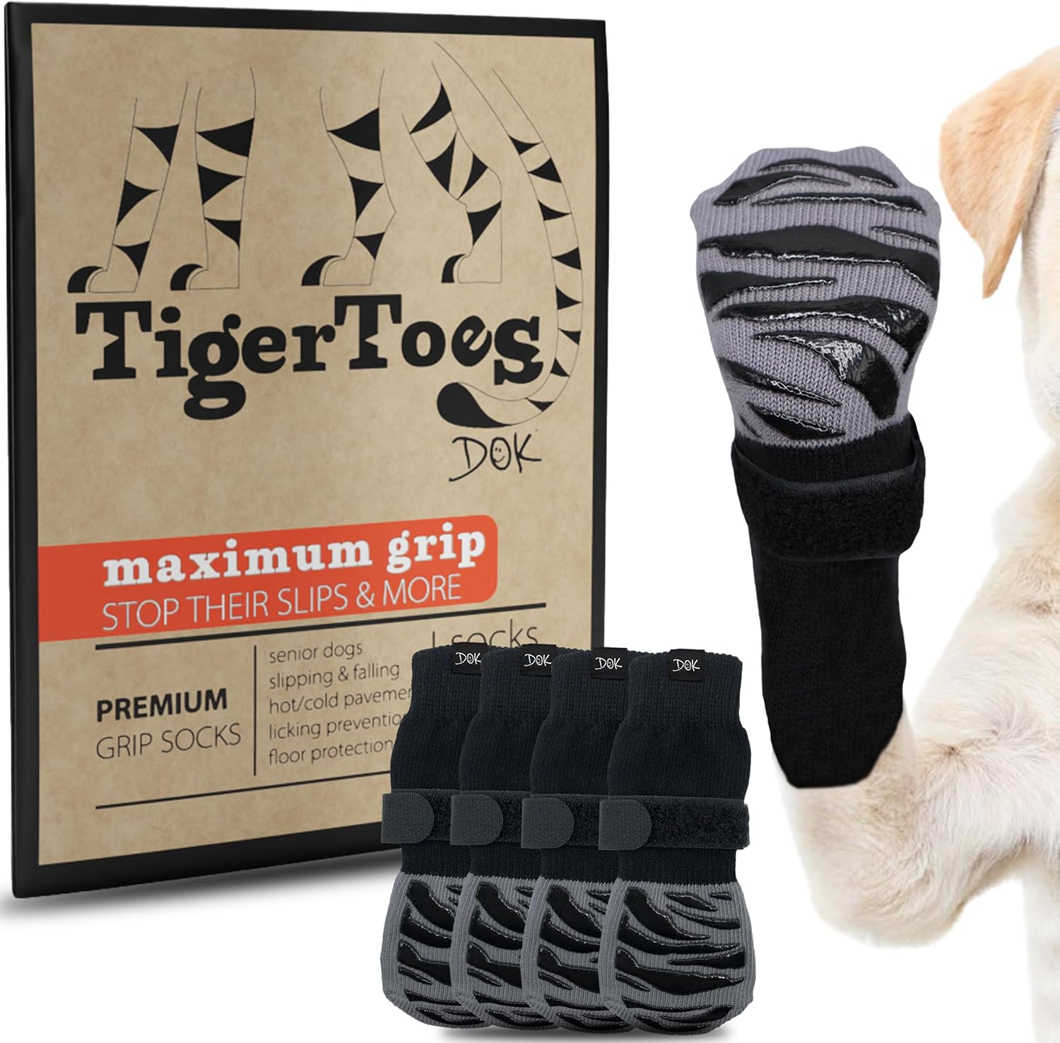 Dok TigerToes non-slip dog socks size large front view