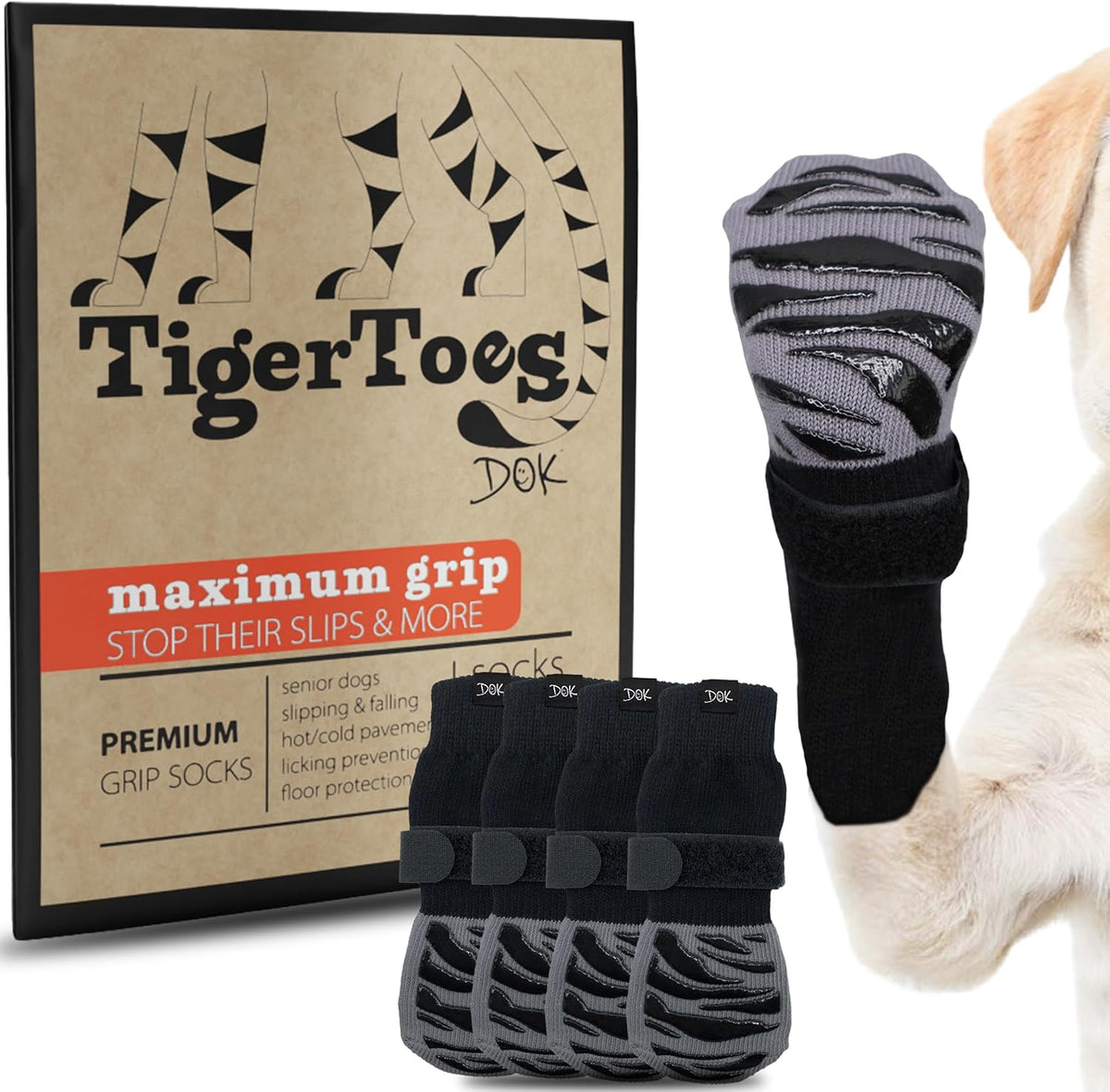 Dok TigerToes non-slip dog socks size large front view
