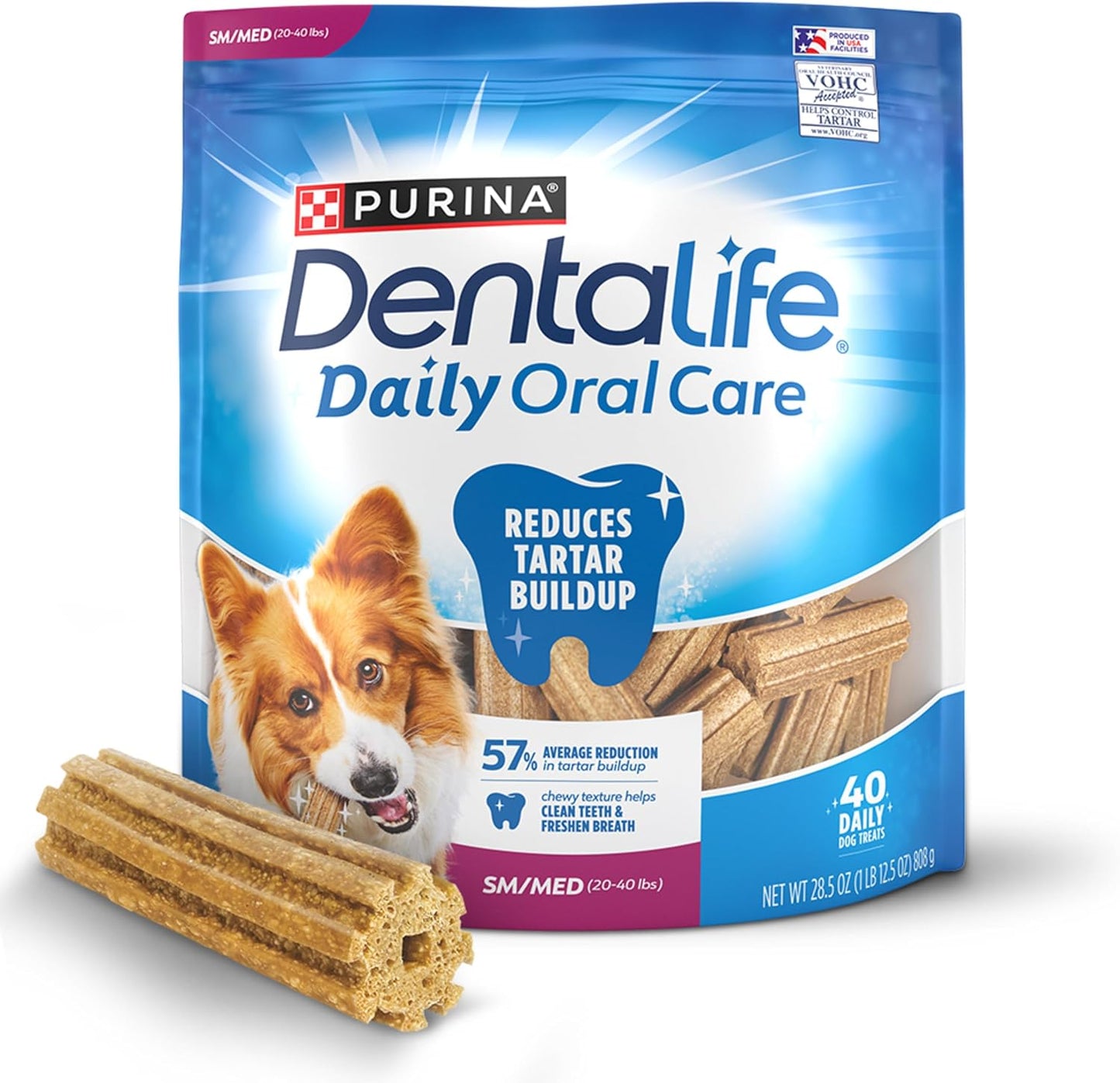 Purina DentaLife Daily Oral Care dog treats 40 count pouch front view showing chicken flavor logo.