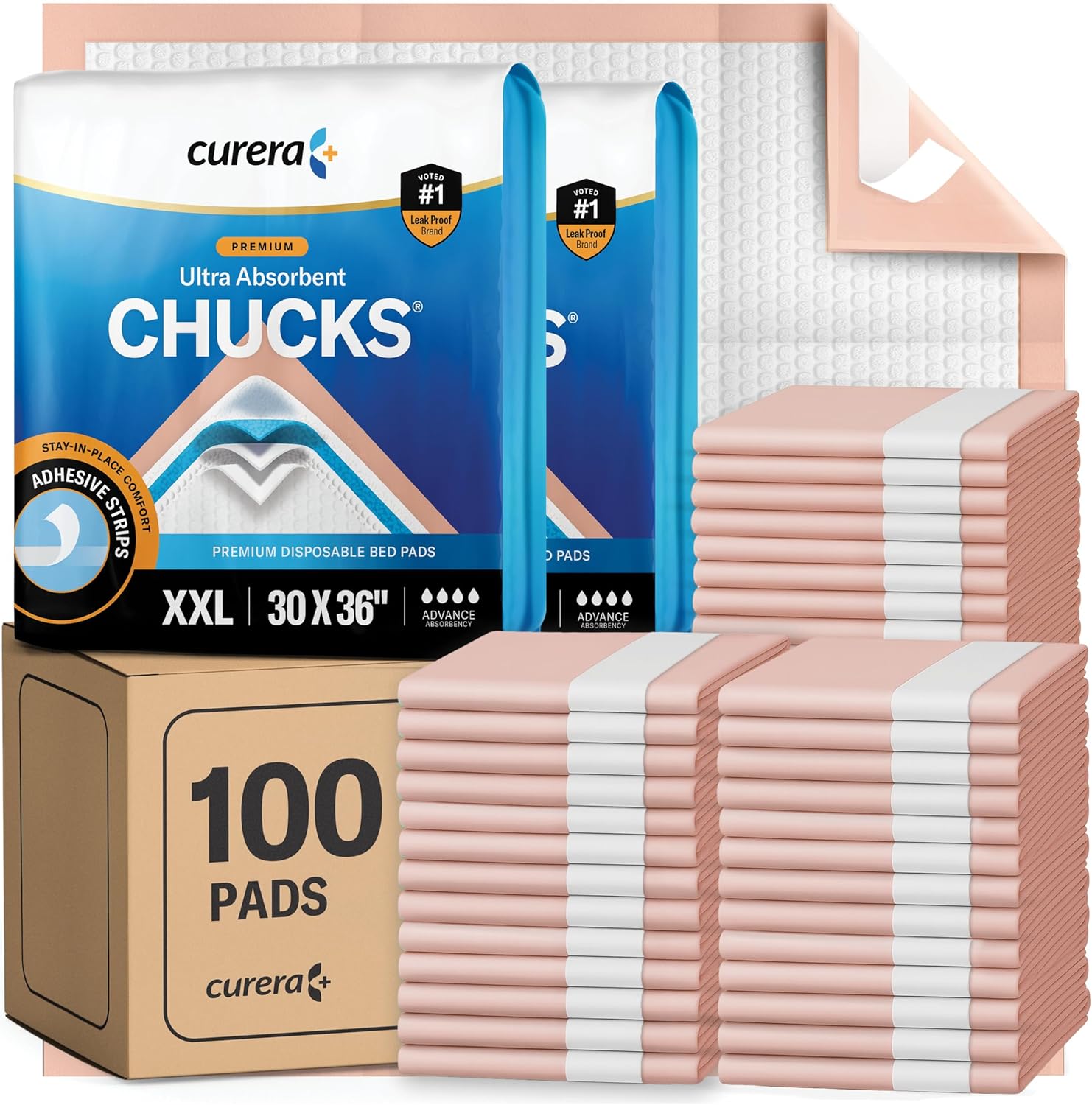 Curera Chucks Premium Disposable Underpads 100 Count front packaging view showcasing ultra absorbent features.