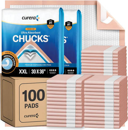 Curera Chucks Premium Disposable Underpads 100 Count front packaging view showcasing ultra absorbent features.