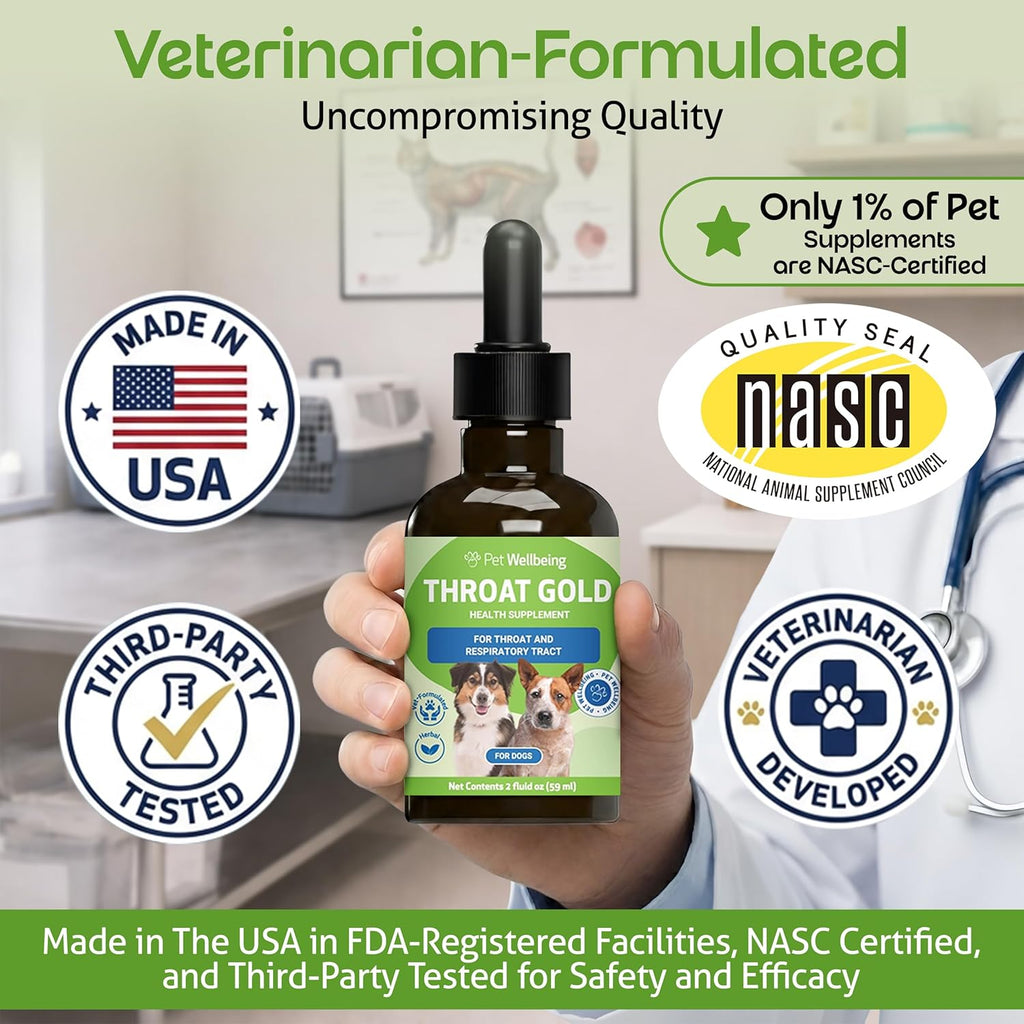 Pet Wellbeing Throat Gold back label showing natural bacon flavor ingredients