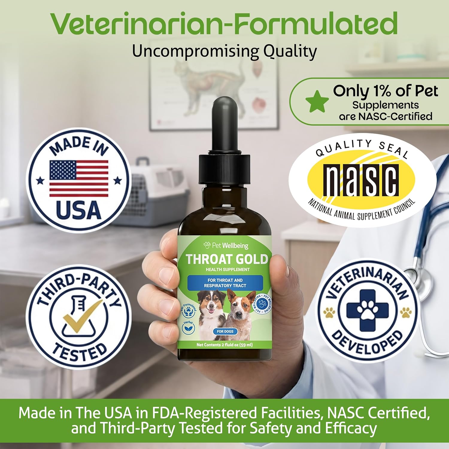 Pet Wellbeing Throat Gold back label showing natural bacon flavor ingredients