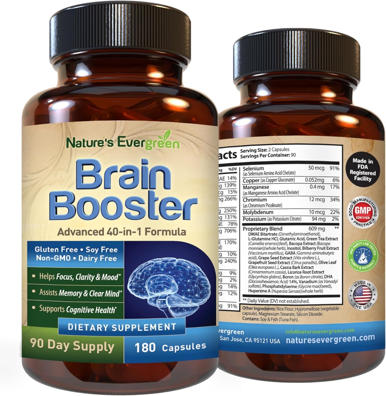 Nature's Branch Brain Booster 180 capsules bottle front view showing product labeling and 40-in-1 formula benefits.