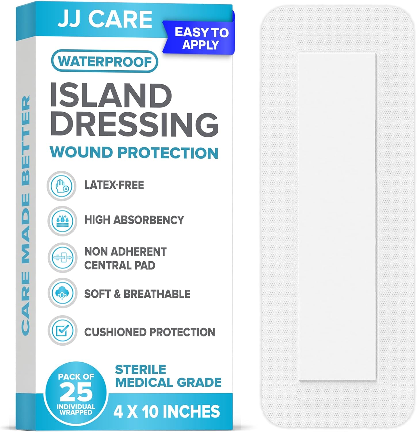 JJ CARE Waterproof Adhesive Island Dressing box front view showing sterile packaging