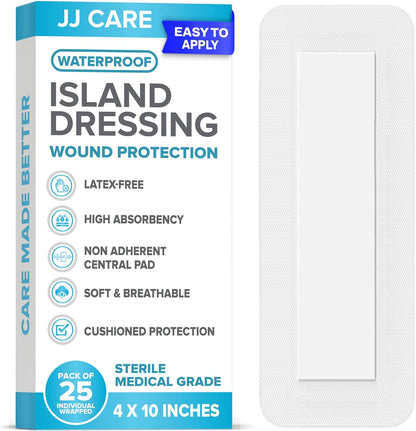 JJ CARE Waterproof Adhesive Island Dressing box front view showing sterile packaging