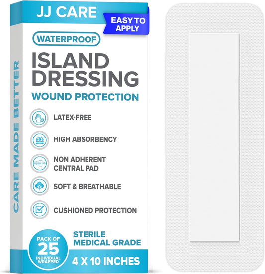 JJ CARE Waterproof Adhesive Island Dressing box front view showing sterile packaging