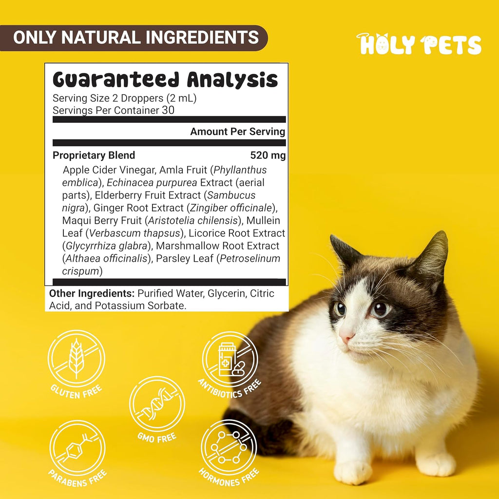 Close up view of Holy Pets natural liquid formula for pet sneezing relief.