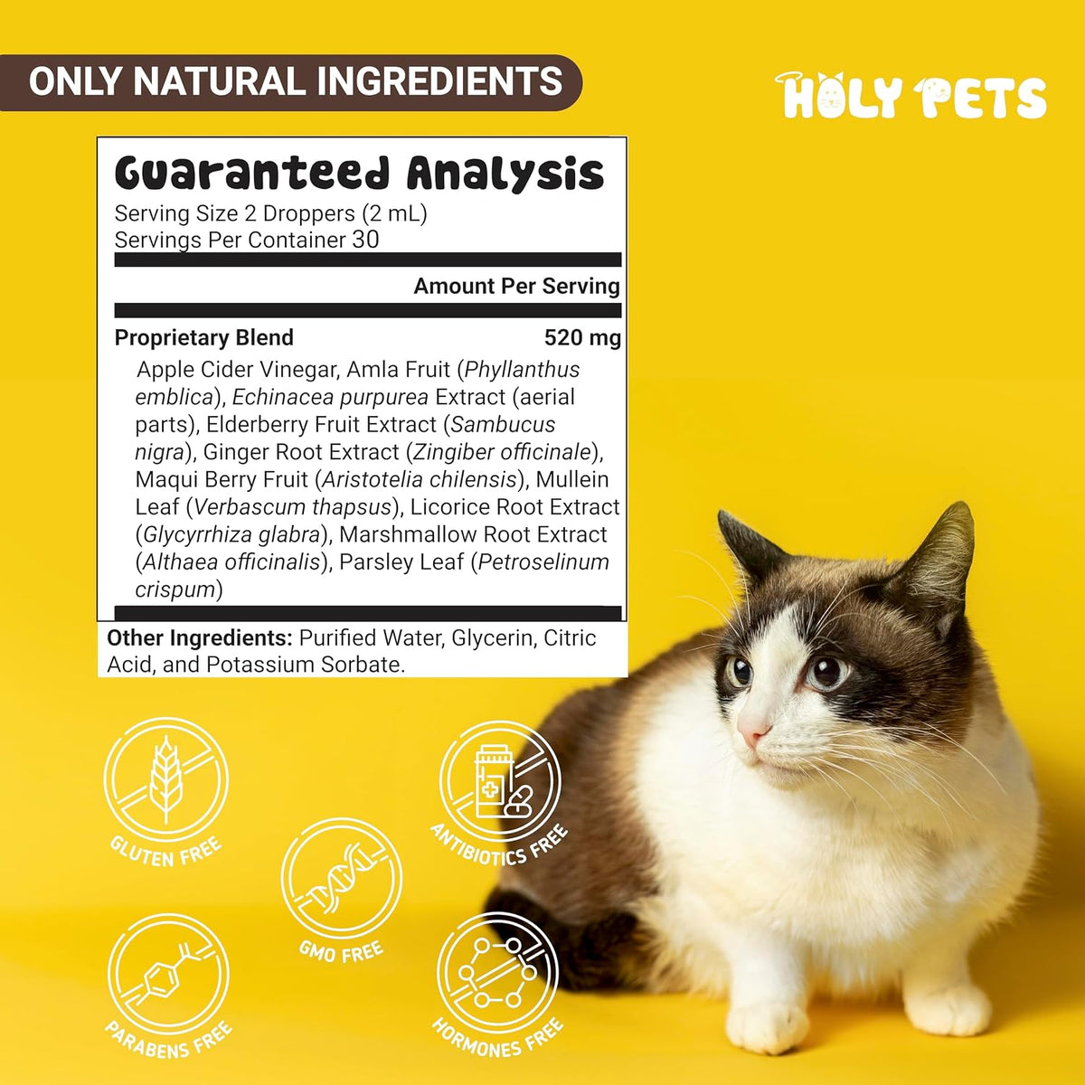 Close up view of Holy Pets natural liquid formula for pet sneezing relief.