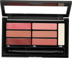 Open Maybelline Blushed Bombshell lip palette showing three liners, three lipsticks, and a highlighter