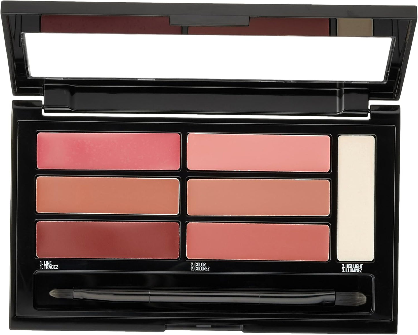 Open Maybelline Blushed Bombshell lip palette showing three liners, three lipsticks, and a highlighter