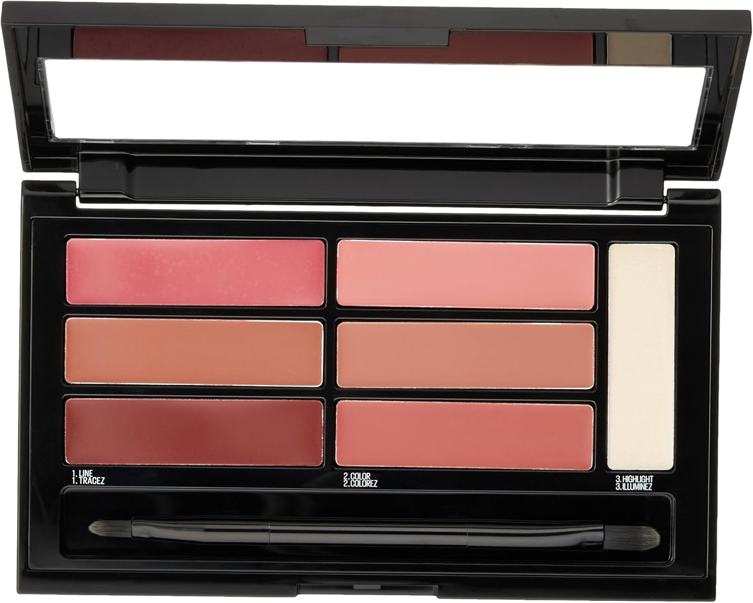 Open Maybelline Blushed Bombshell lip palette showing three liners, three lipsticks, and a highlighter