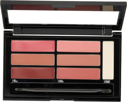 Open Maybelline Blushed Bombshell lip palette showing three liners, three lipsticks, and a highlighter