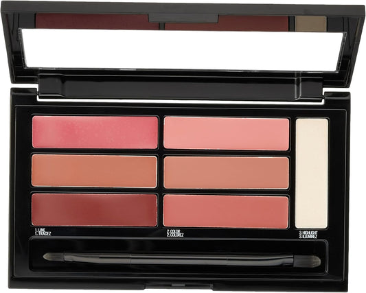 Open Maybelline Blushed Bombshell lip palette showing three liners, three lipsticks, and a highlighter