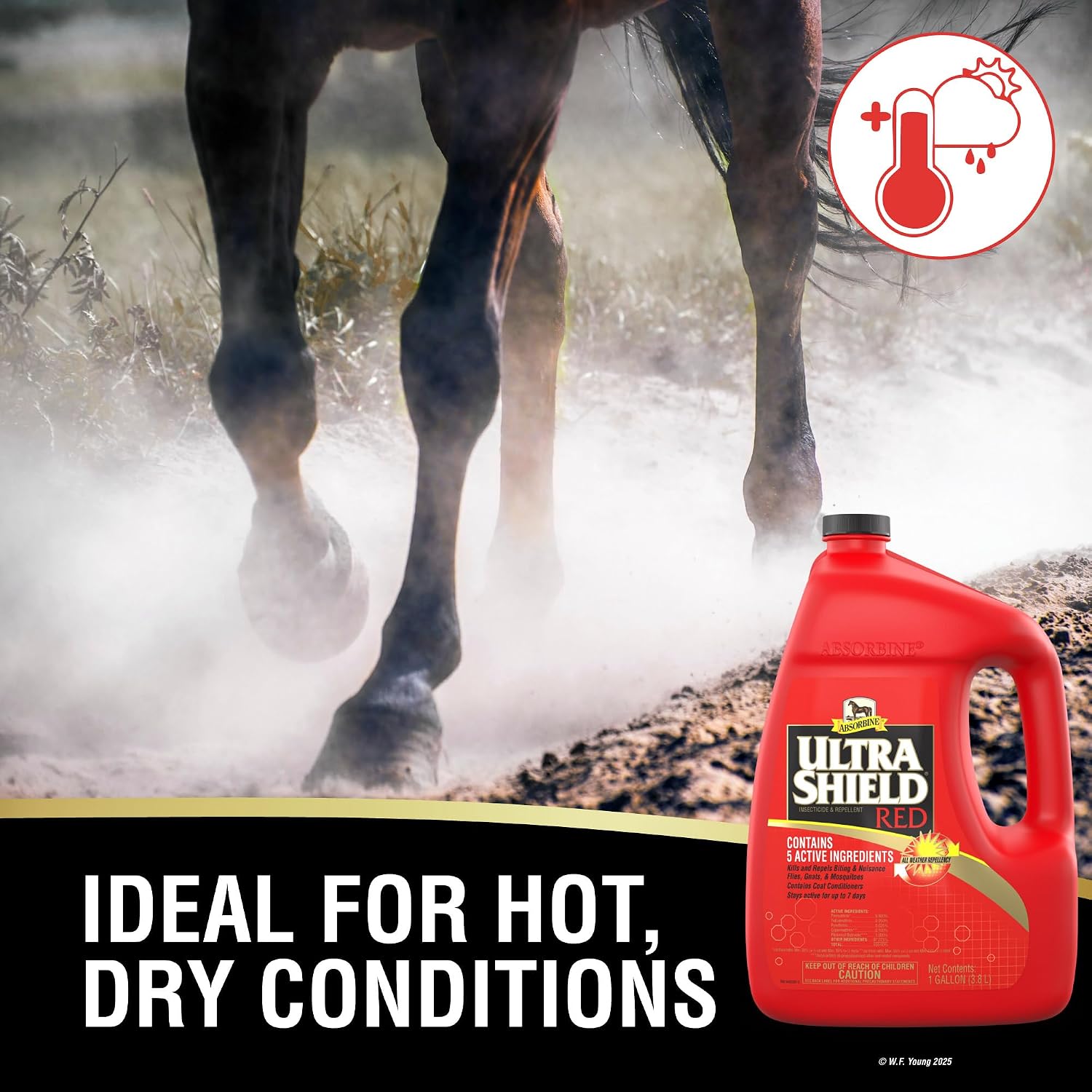 Absorbine UltraShield Red insect repellent gallon bottle showcasing the five active ingredients label