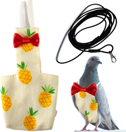 Homedy Crafts bird diaper harness front view showing yellow pineapple pattern and red bow tie