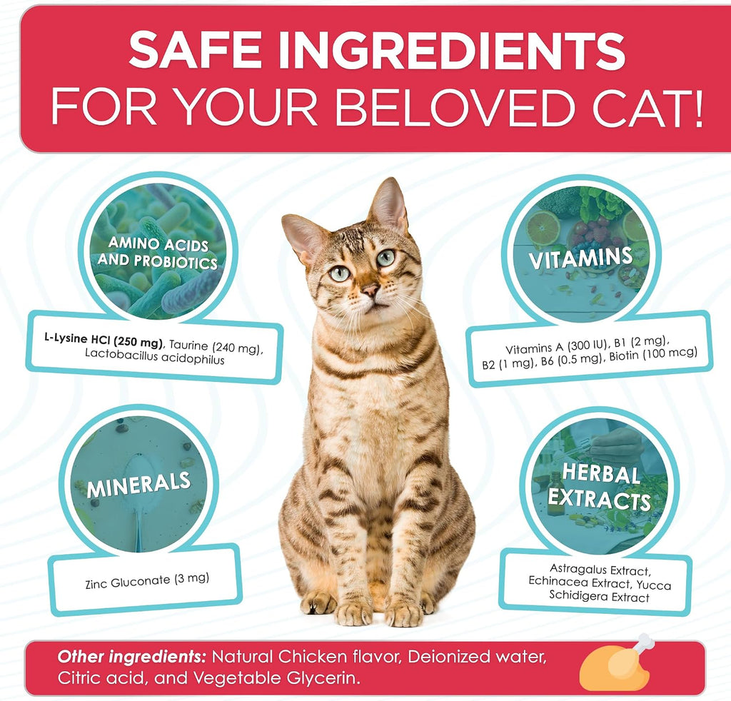 Premium USA imported L-lysine drops for cats with included dropper details.