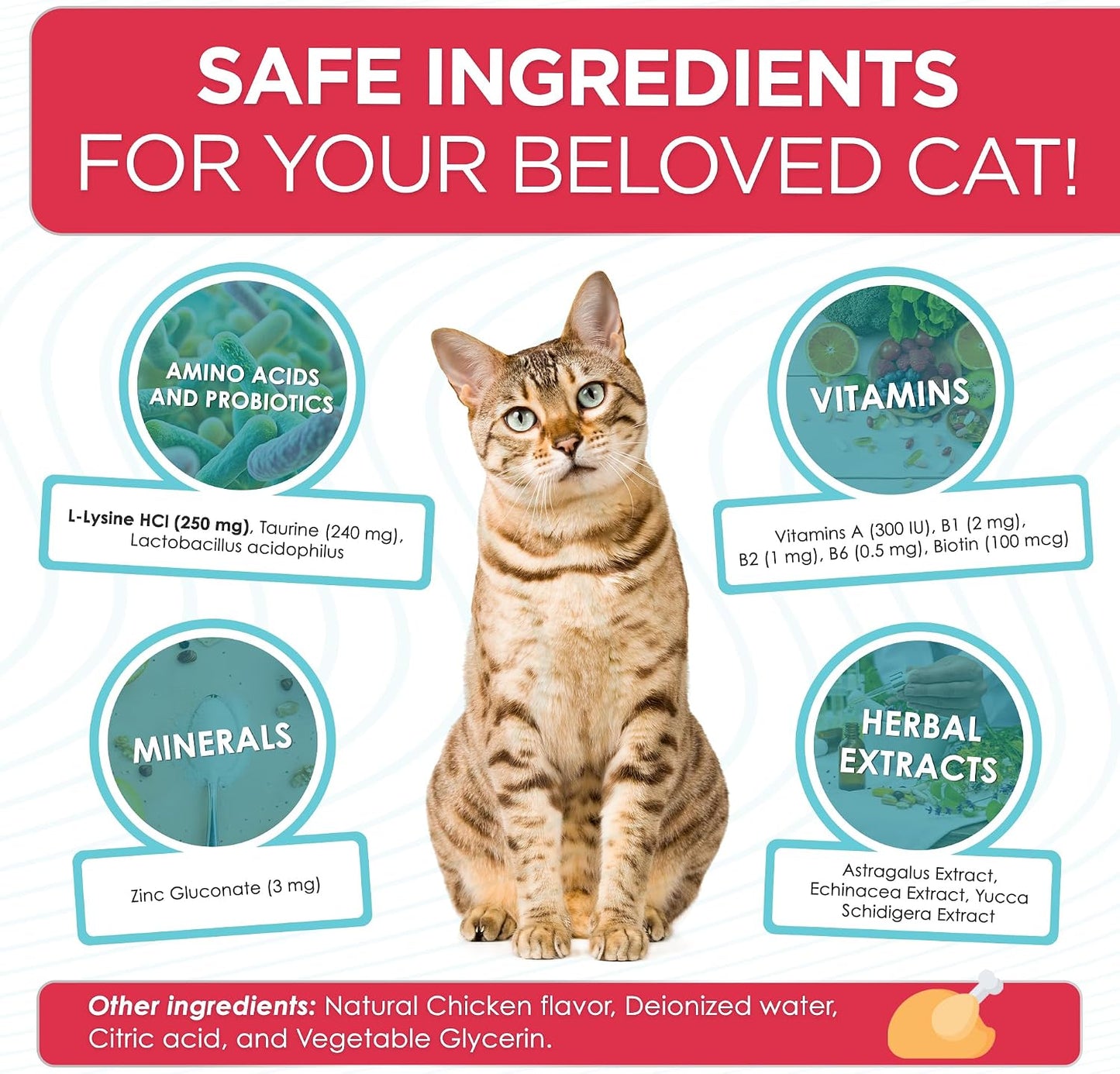 Premium USA imported L-lysine drops for cats with included dropper details.