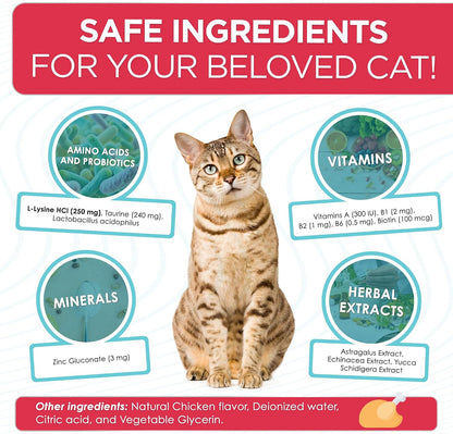 Premium USA imported L-lysine drops for cats with included dropper details.