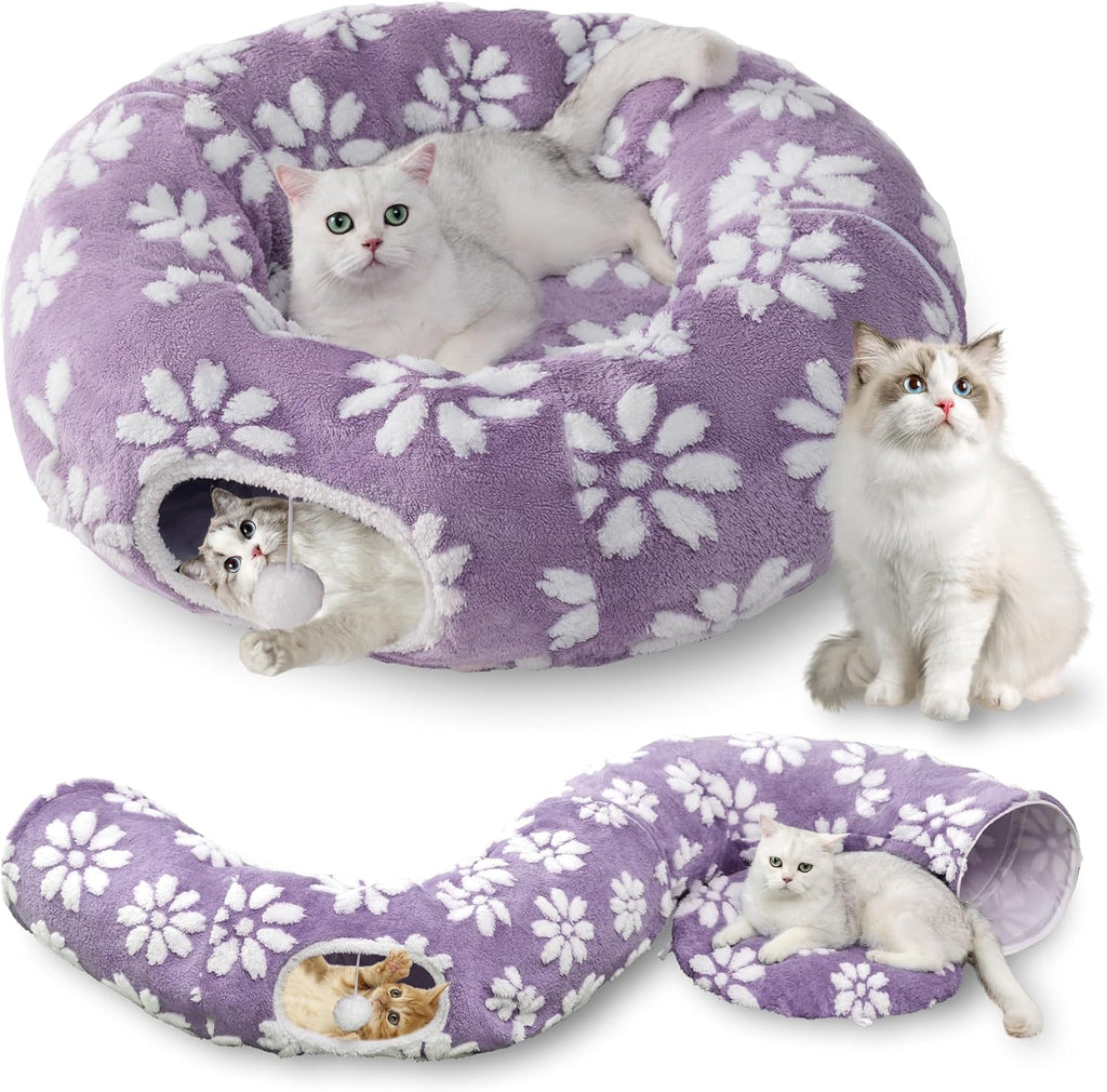 Bubble Cat Tunnel for Indoor Cats, Round Peekaboo Cave Toy with Dangling Balls, Donut Tunnel Bed with Circle Mat for Puppy Kitten Rabbit, Cream White - Image 15
