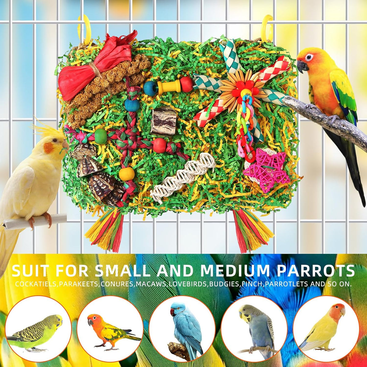 Hanging cage toy showing interactive chewing zones