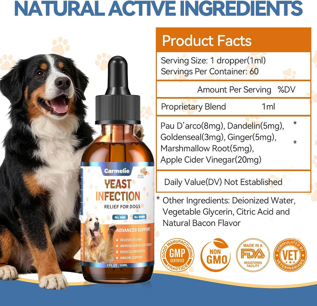 Sixty milliliter bottle of Carmelie yeast and itch relief for dogs