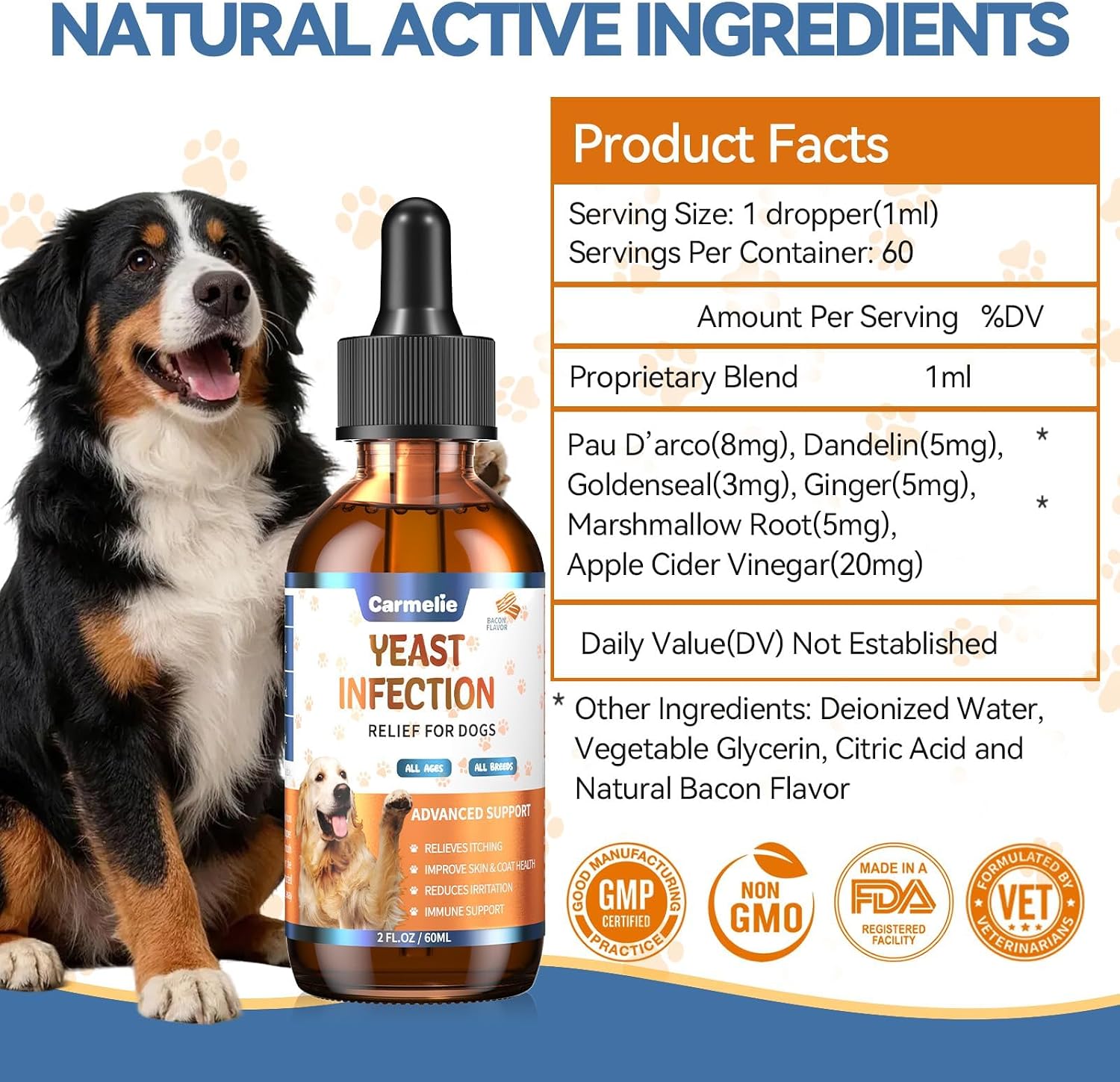 Sixty milliliter bottle of Carmelie yeast and itch relief for dogs