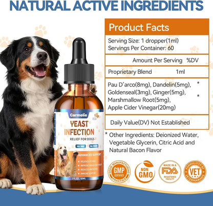 Sixty milliliter bottle of Carmelie yeast and itch relief for dogs