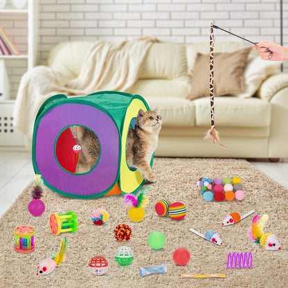 Retro Shaw authentic USA imported kitten toys variety pack laid out flat on a clean background.