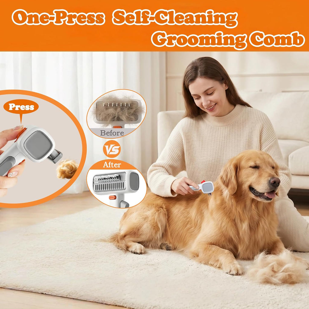 Undercoat rake for pets showing the stainless steel rounded blade mechanism.