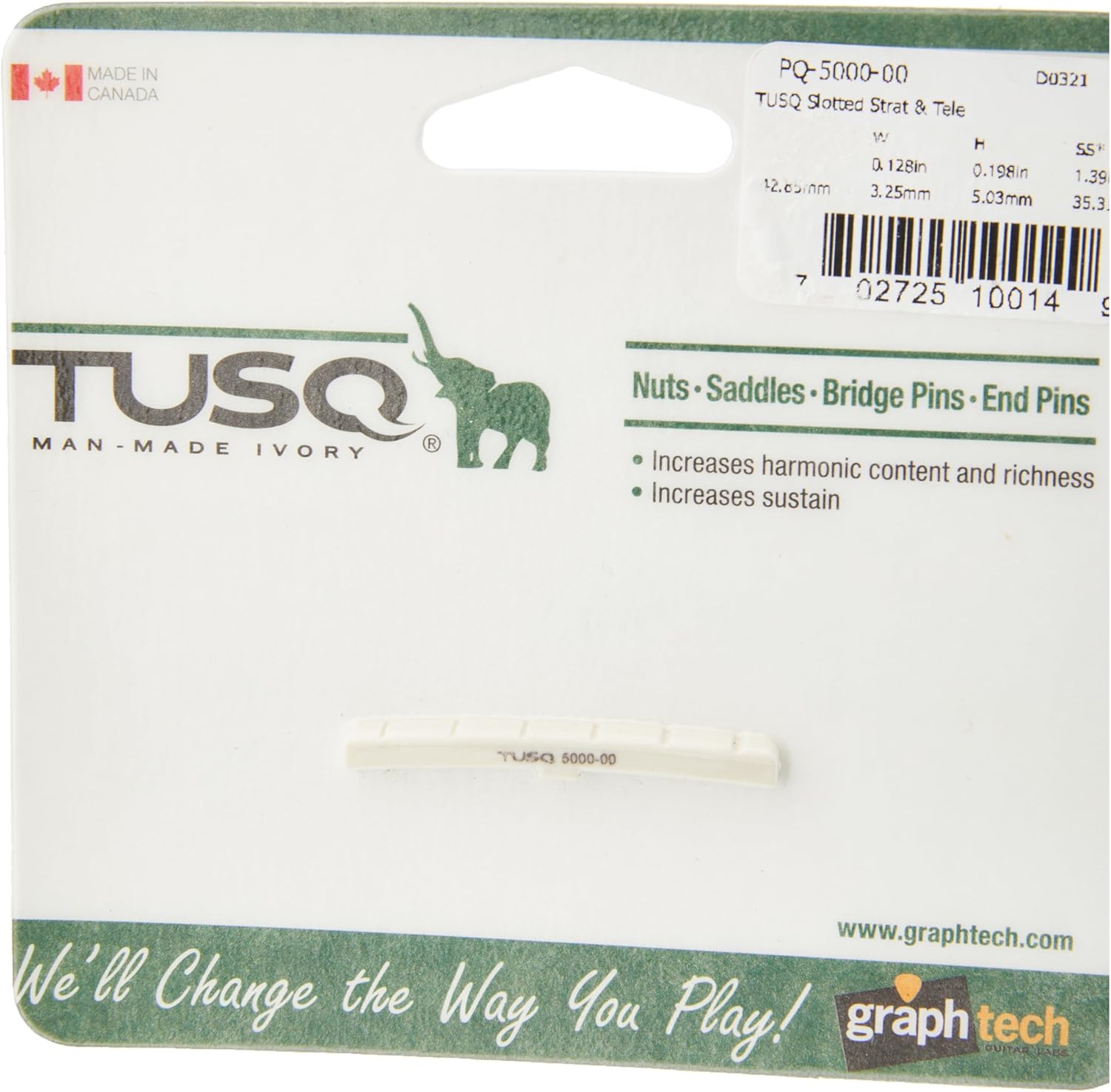 Graph Tech TUSQ Stratocaster and Telecaster style synthetic ivory nut displaying the flat hybrid bottom