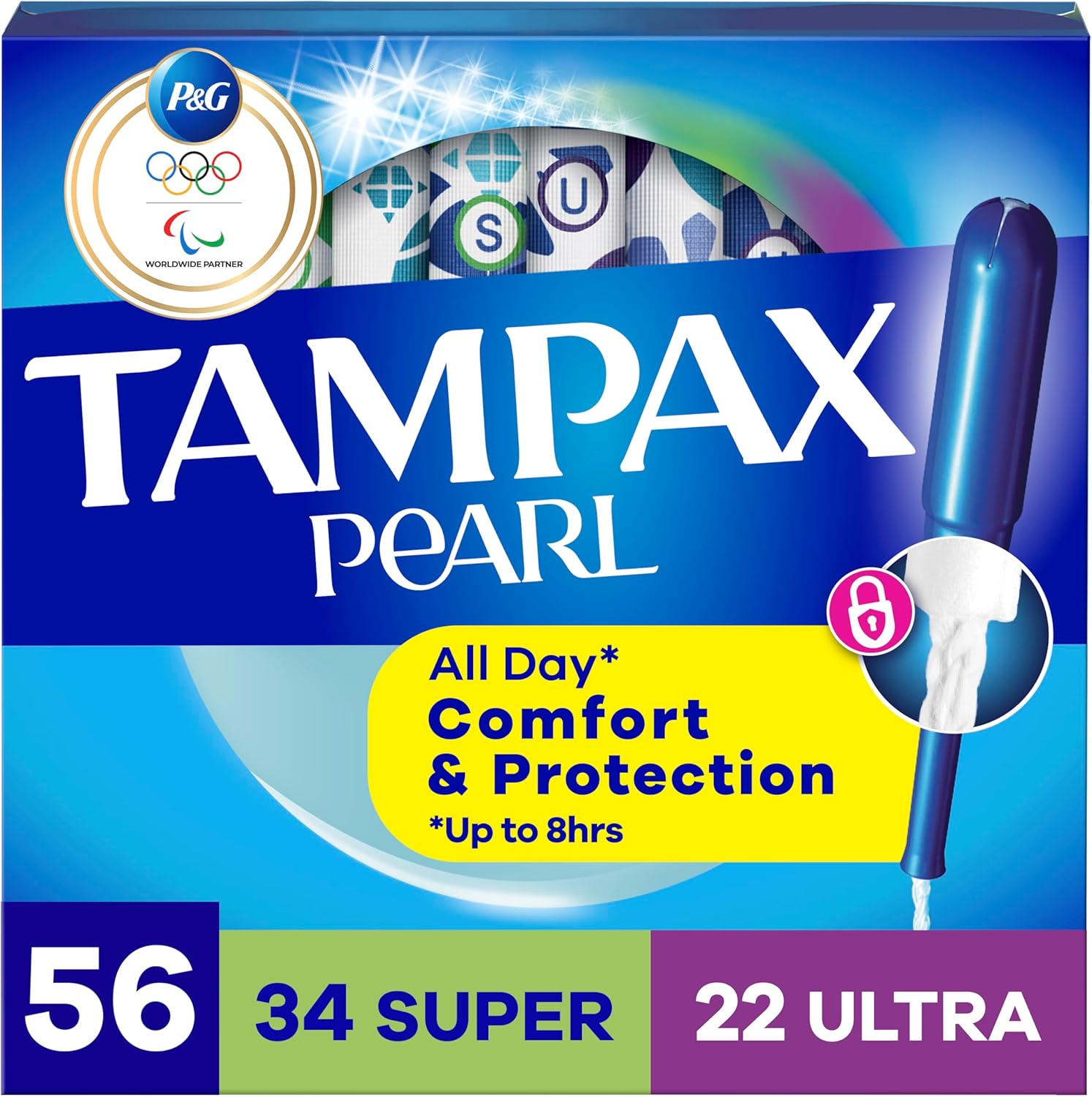 Tampax Pearl Multipack 56 Count front view showing Super and Ultra absorbency labels.