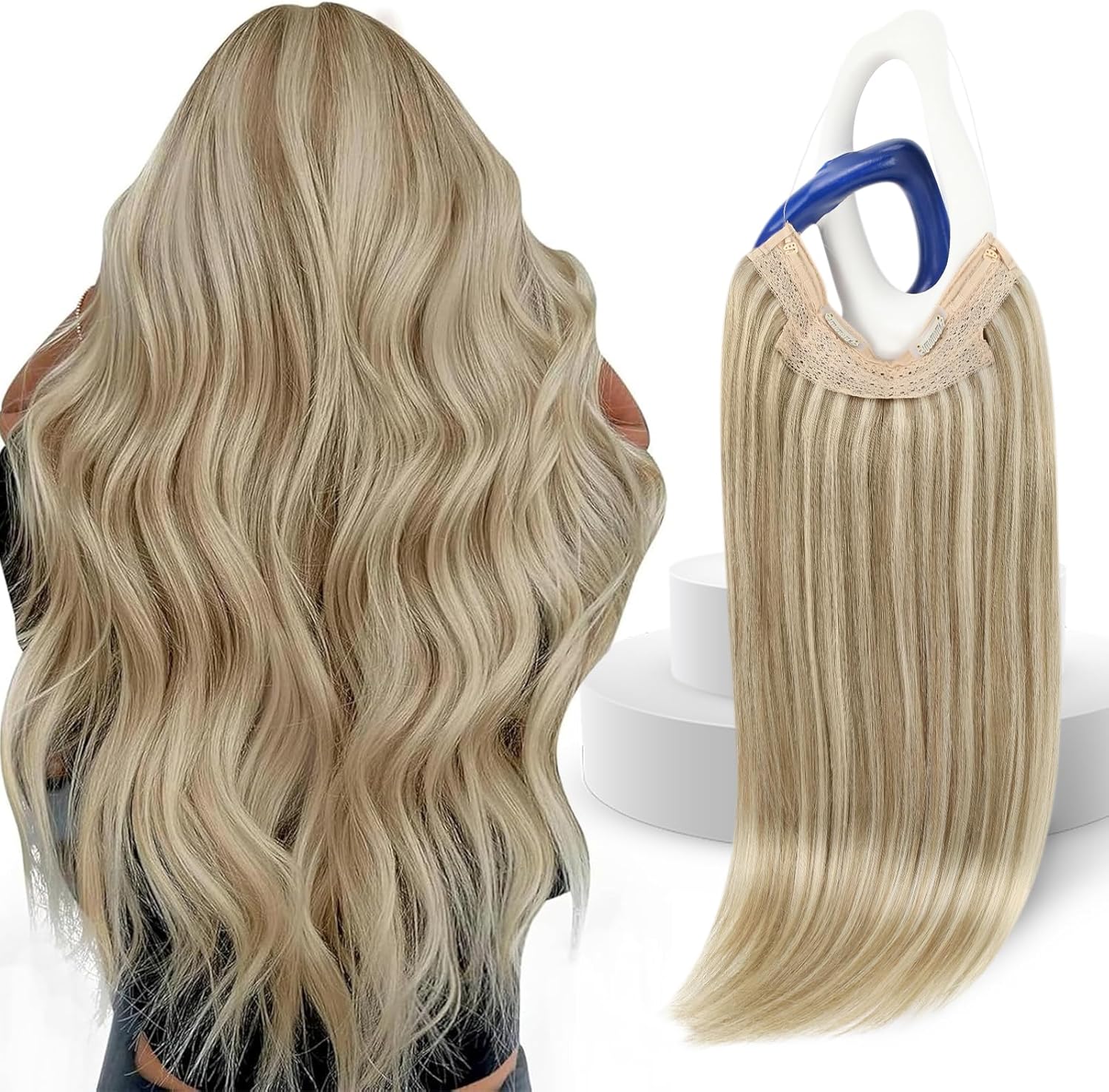 Sunny Hair Wire Hair Extensions front view showing golden blonde highlights.