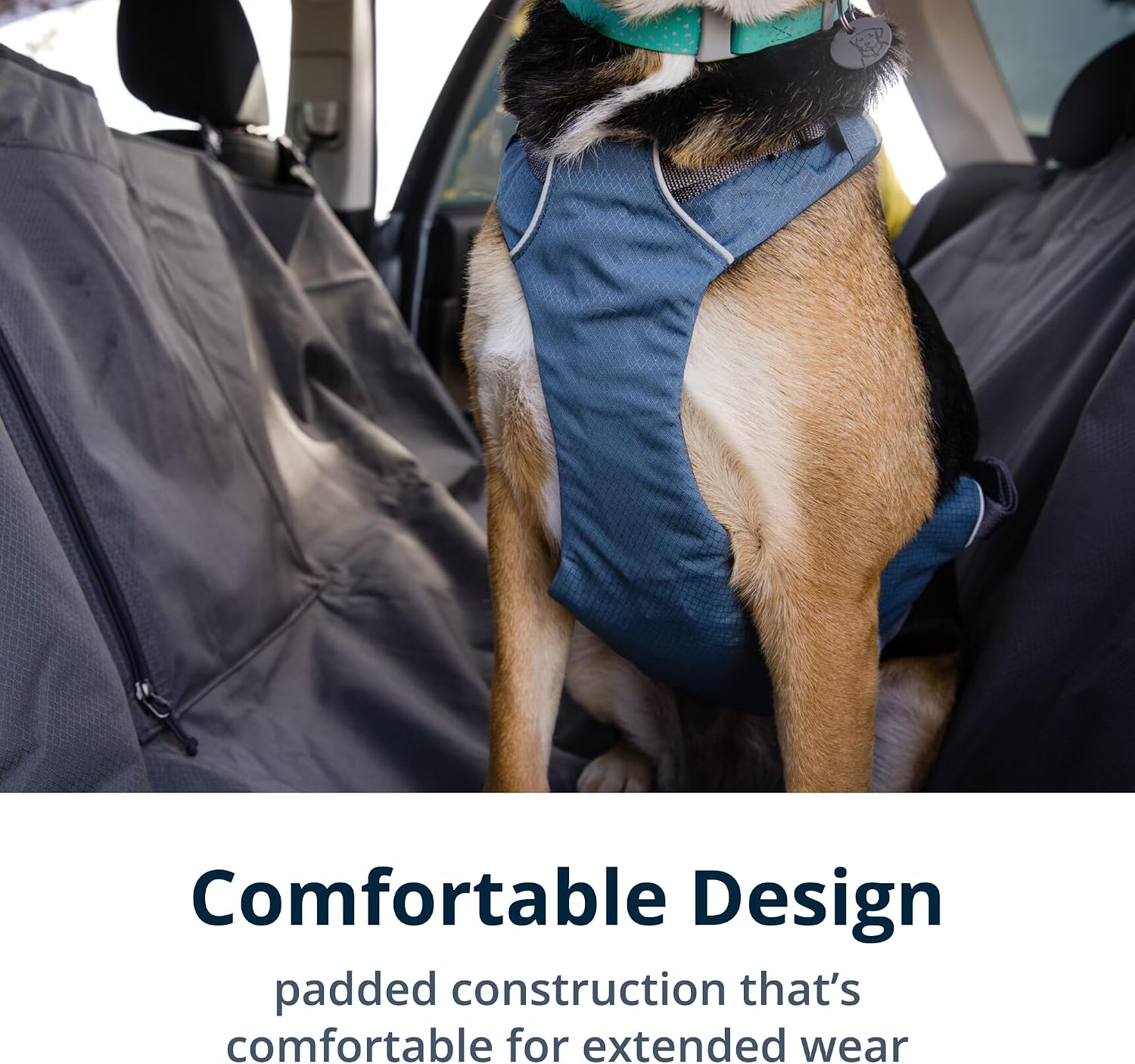 Close up of universal seat belt attachment on Ruffwear harness