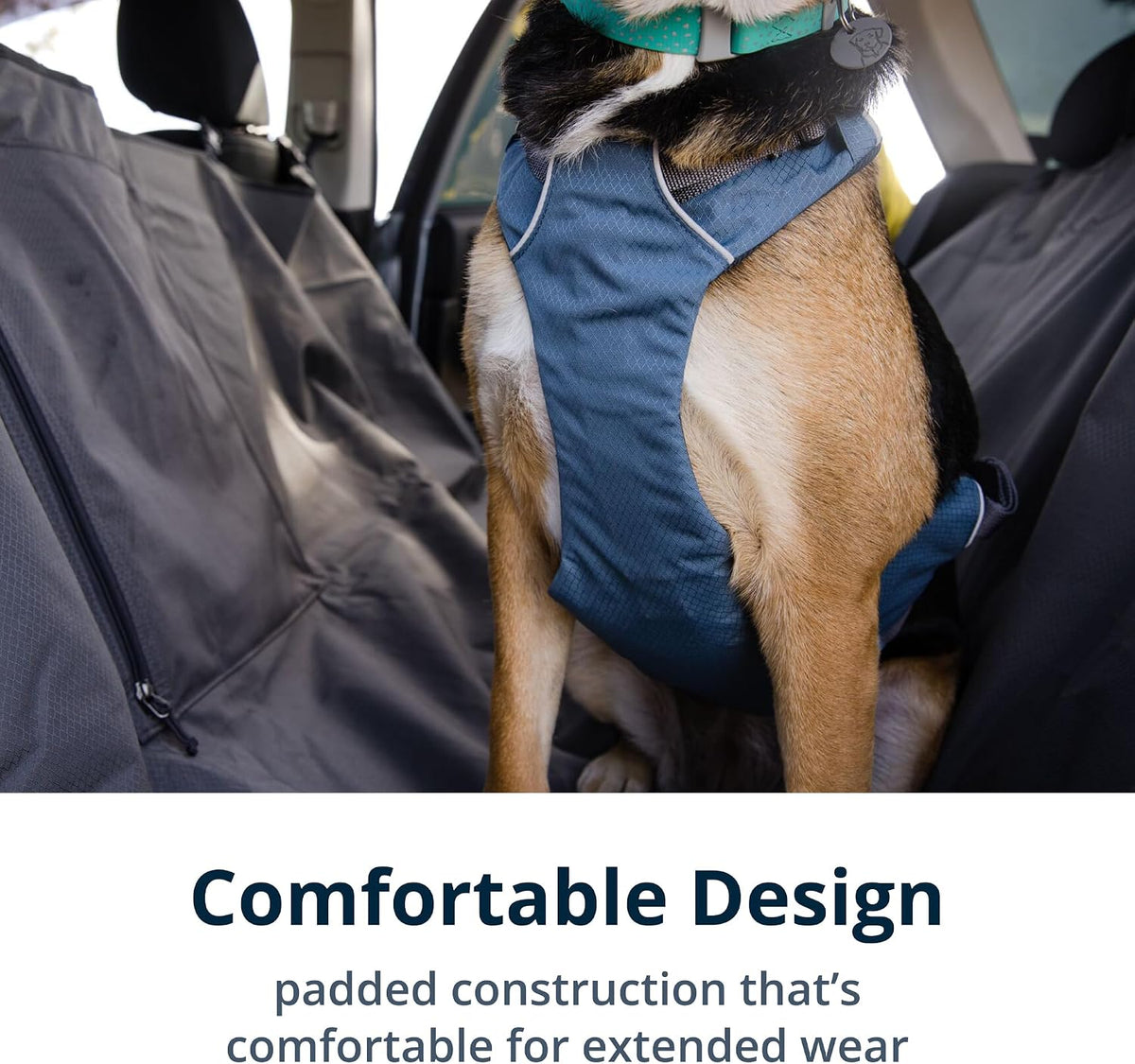 Close up of universal seat belt attachment on Ruffwear harness