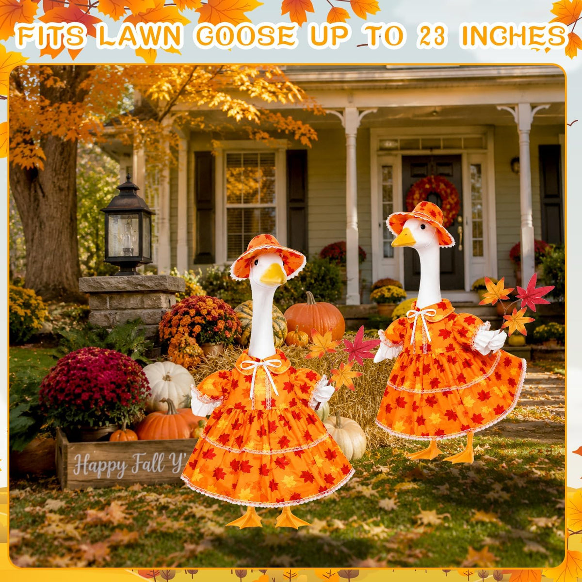 Seasonal lawn statue costume featuring festive maple leaf pattern for garden display