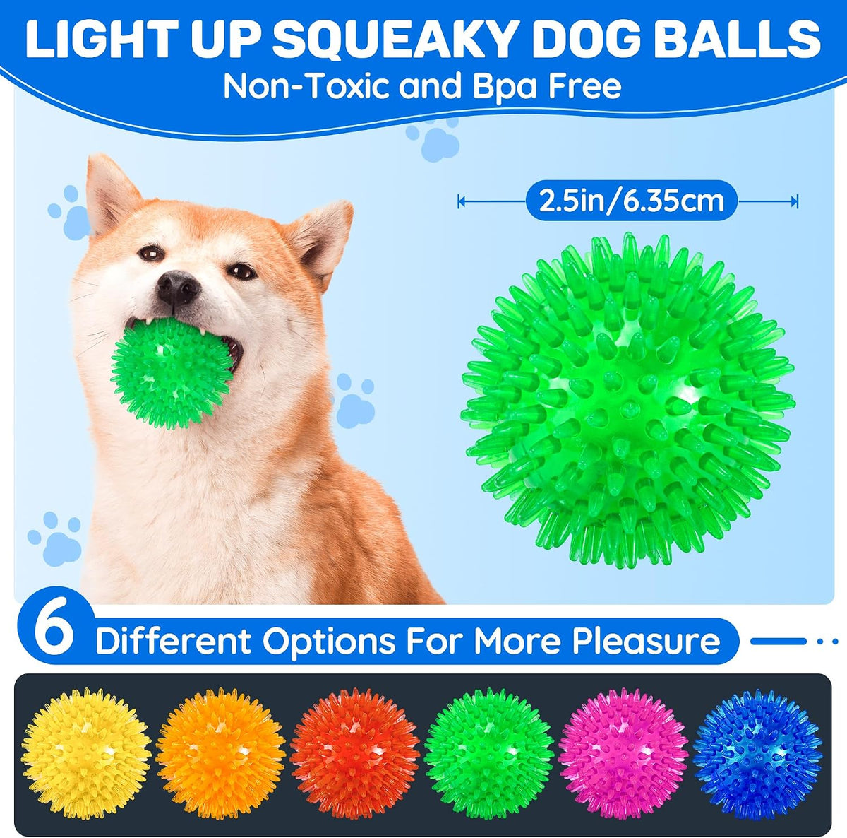 Vibrant colored spiky dog toy balls set showing rubber texture and flashing led light