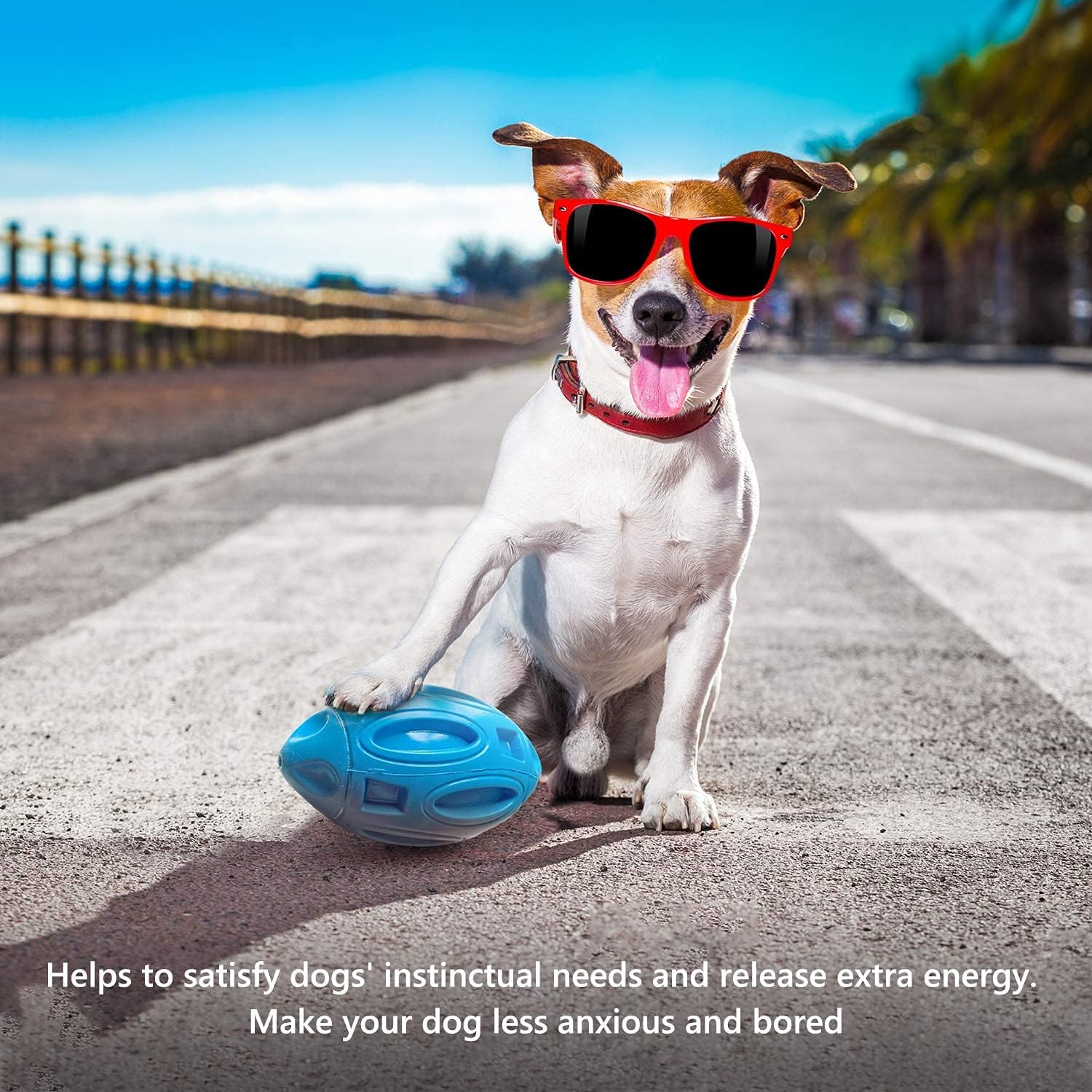 Blue natural rubber dog chew ball for aggressive chewers side angle.