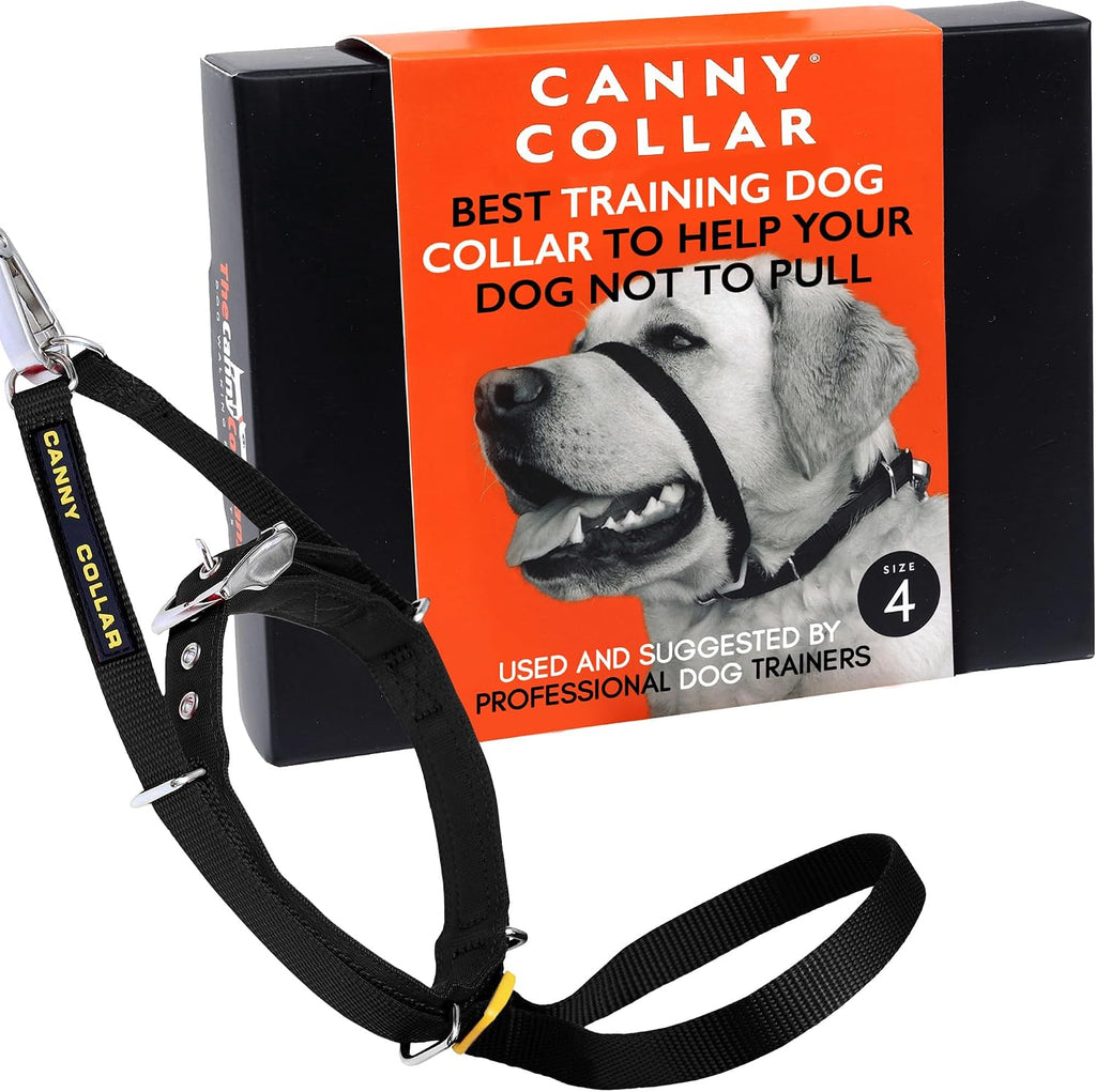 Canny Collar no pull dog head collar front view showing black training halter