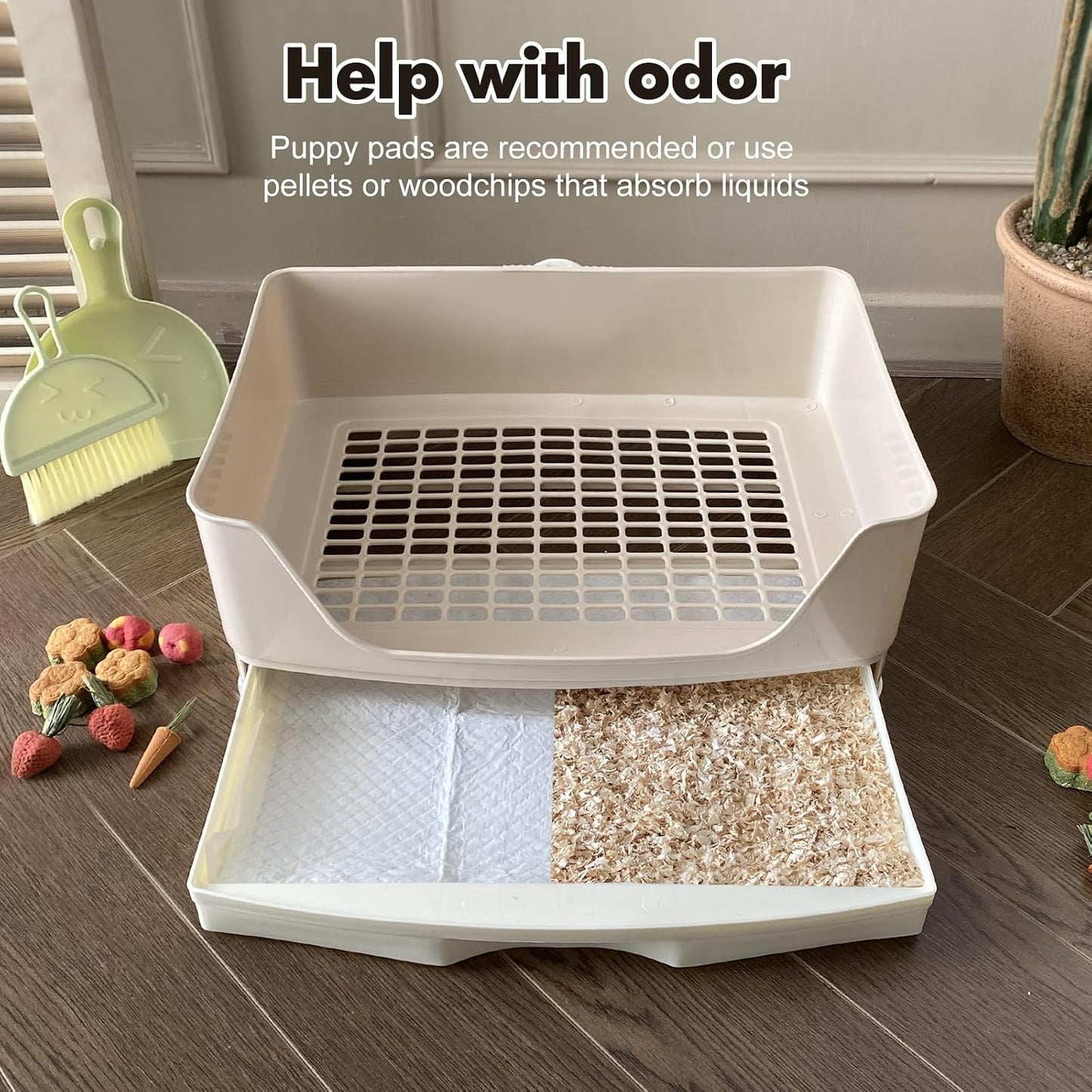 Yuoaes litter box showing screw lock mechanism for cage attachment