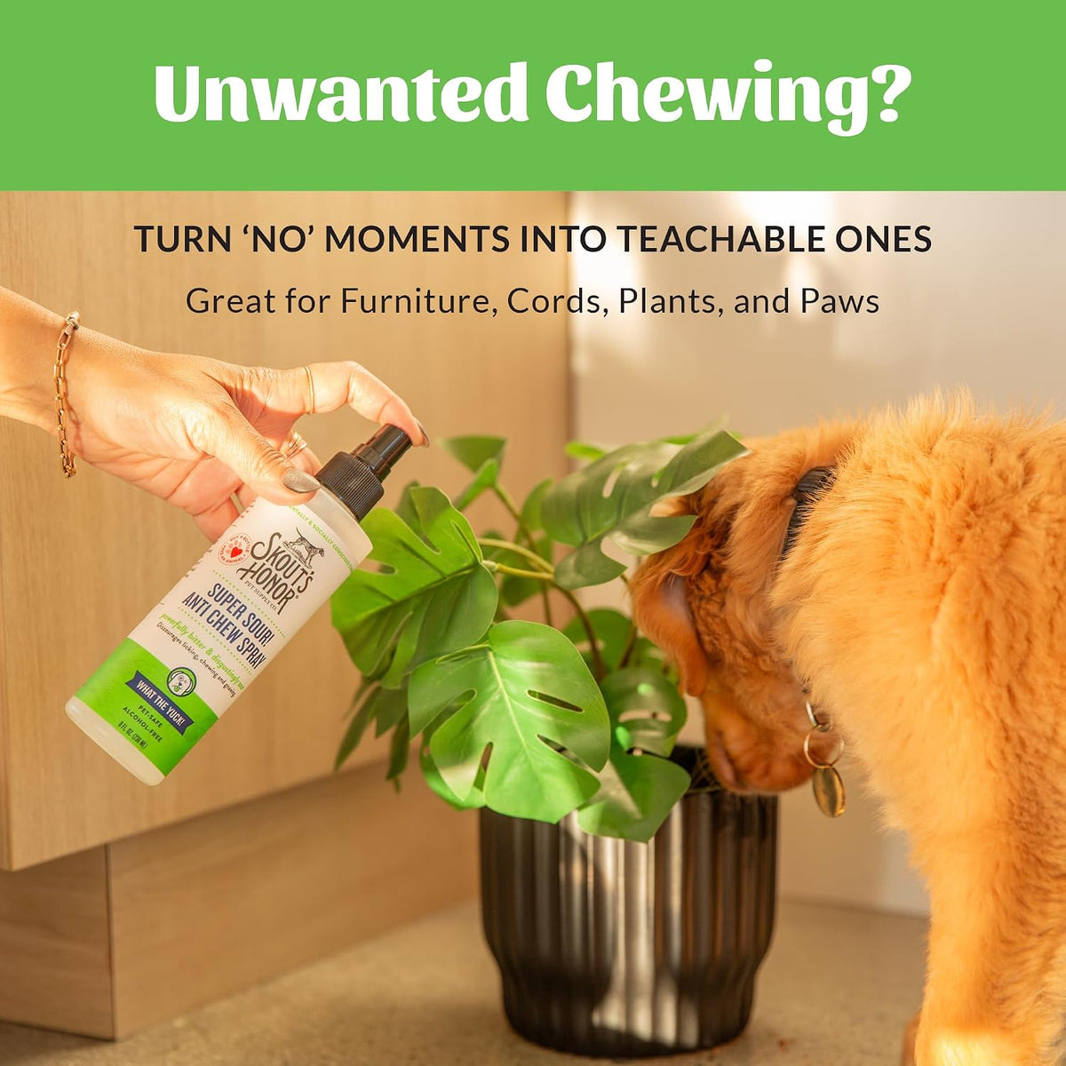 Alcohol-free pet safe chewing deterrent spray bottle