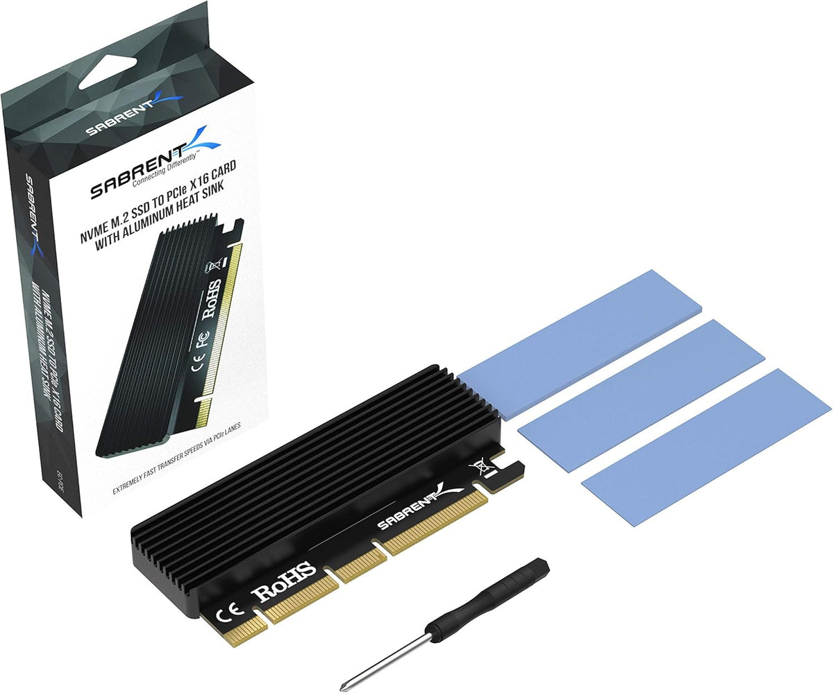 Sabrent desktop storage adapter card showing the gold plated PCIe connection contacts
