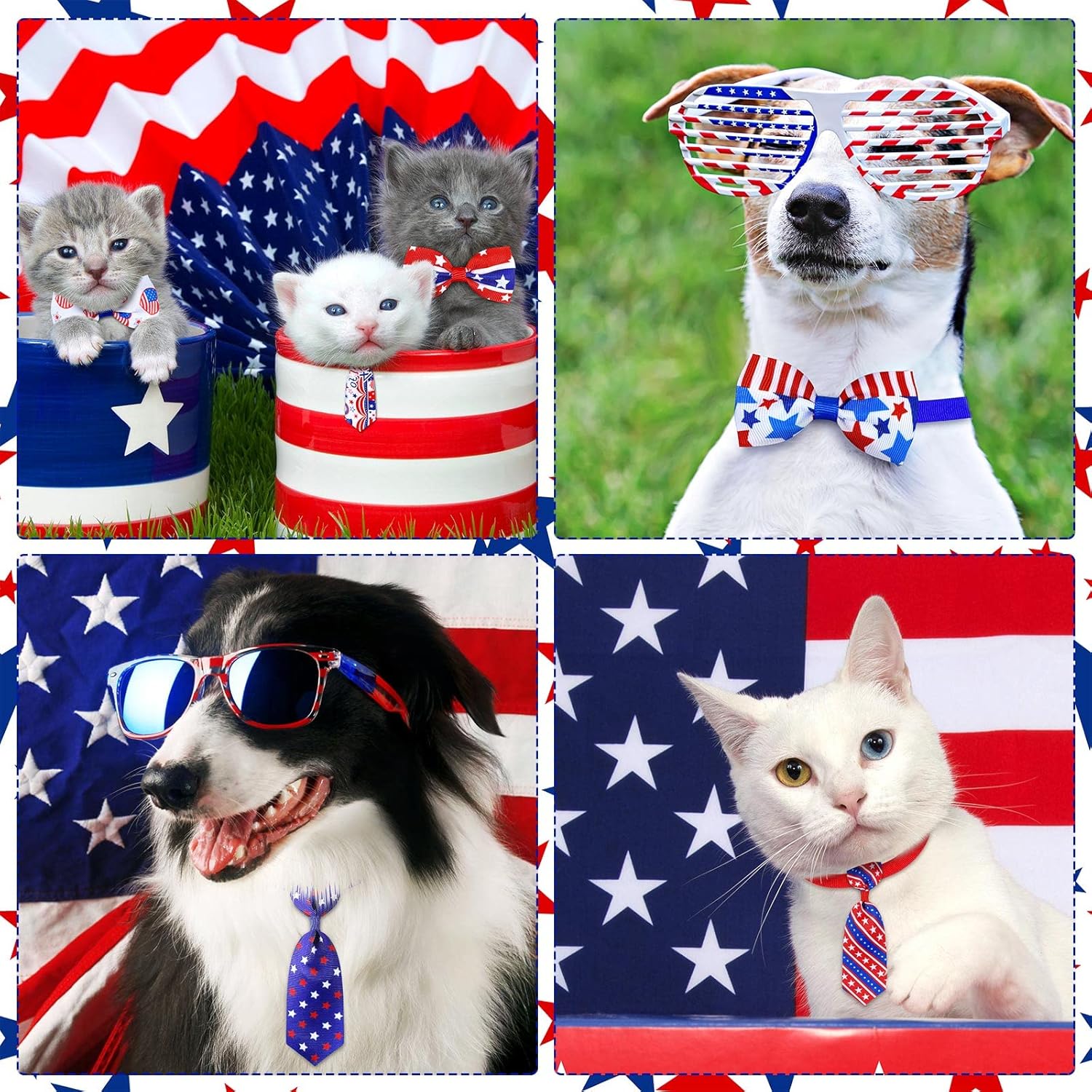 A variety of stars and stripes patterns on USA imported pet grooming bow ties.