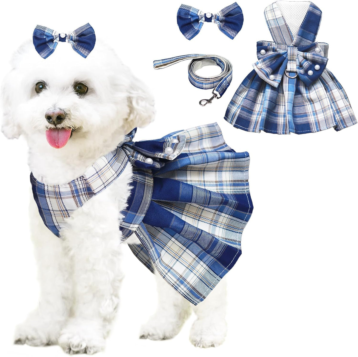 Dog Dress Bowknot Harness Leash Set for Small Dogs Girl Cute Plaid Dog Dress Pearls Bow Tie Spring Summer Princess Clothes Birthday Holiday Doggie Outfits for Puppy Cats Girl Apparel (Black, Small) - Image 10