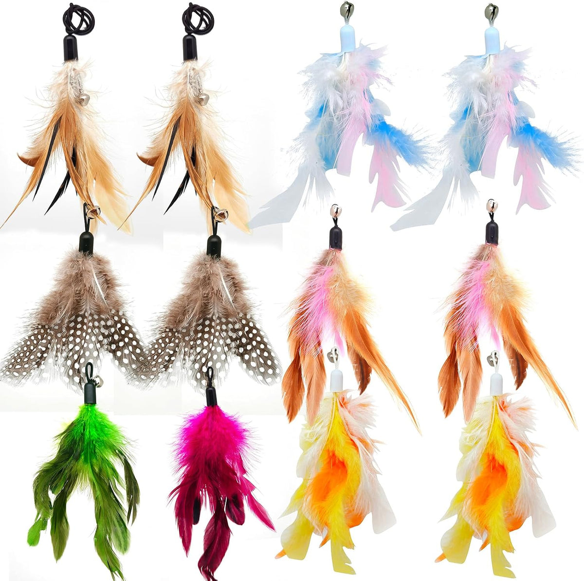 Miwoowim 12 pack cat wand feather toy refills front view showing assorted colorful replacement attachments.