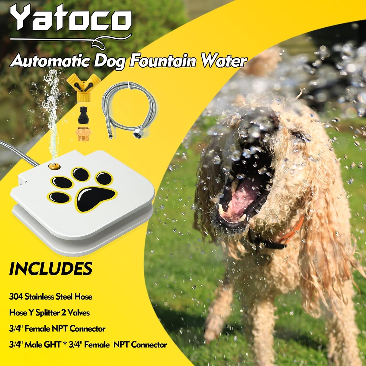Yatoco dog water fountain installed on garden lawn