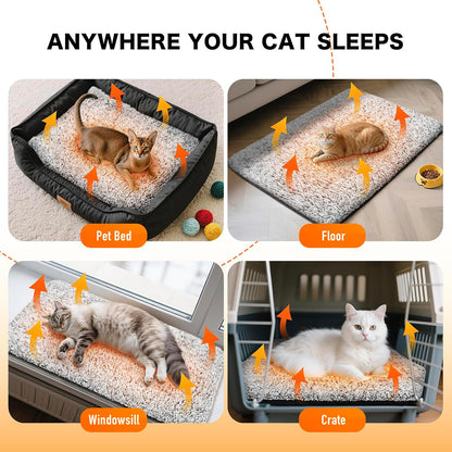 Self heating cat mat placed inside a plastic pet crate
