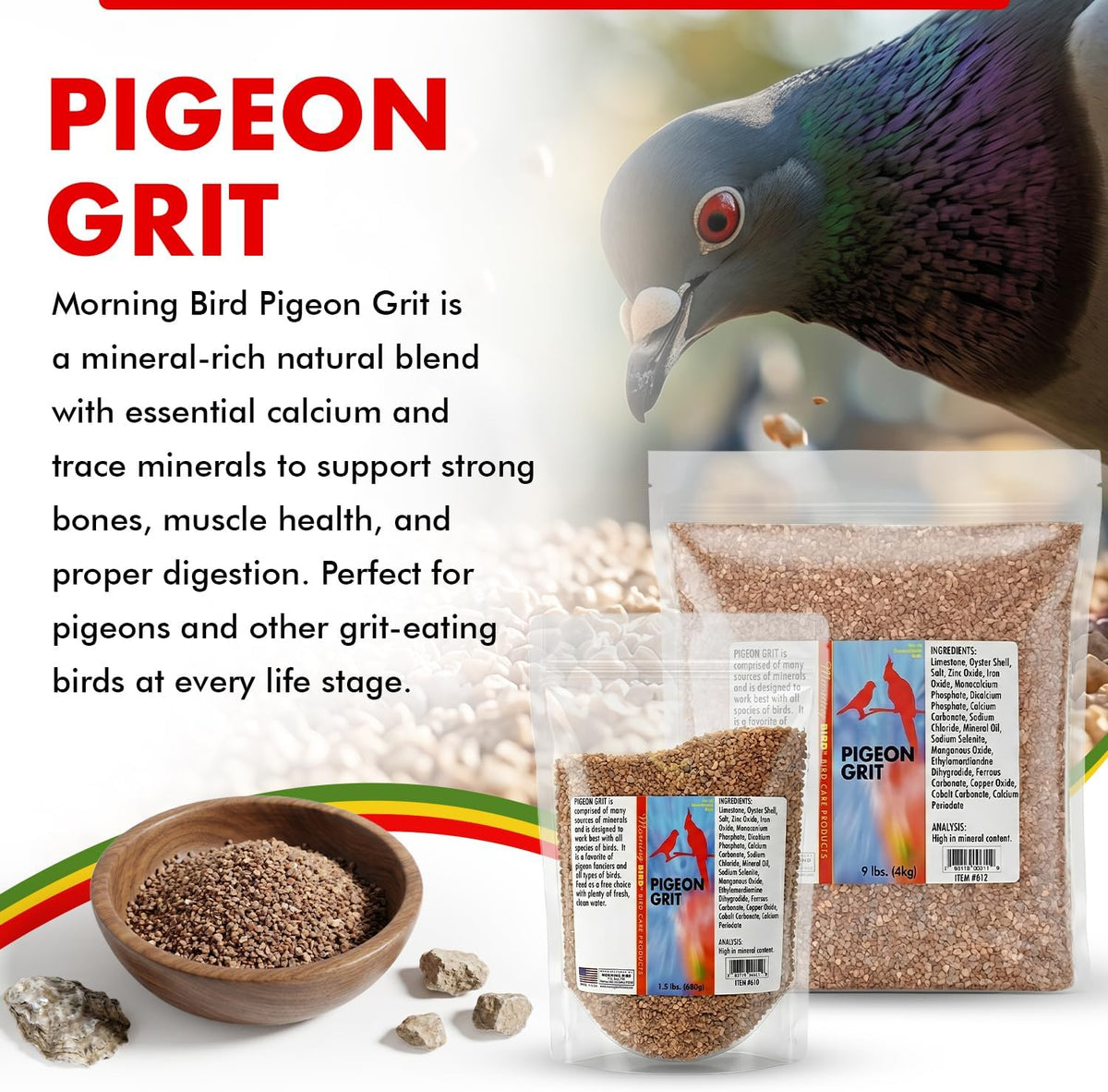 Morning Bird Pigeon Grit package back with ingredients