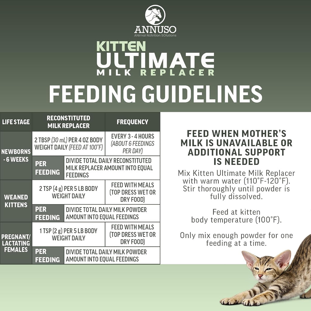 Authentic USA imported ANNUSO kitten milk replacer 12 Ounce tub for weaning cats.