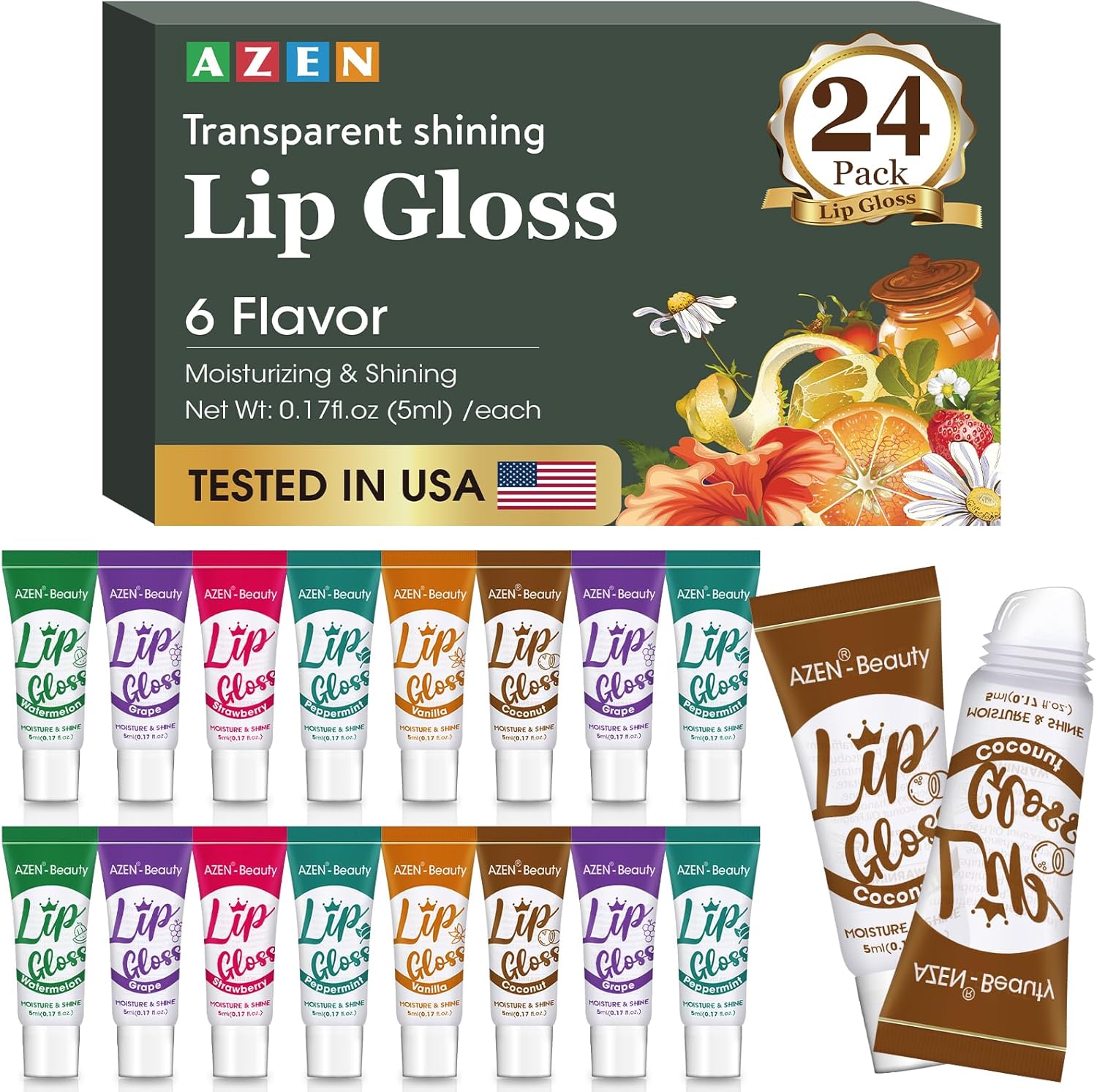 AZEN 24 pack clear lip gloss set showing multiple flavored tubes